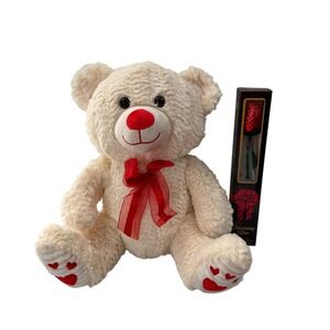 Teddy Bear Plush Red Ribbon & Chocolate Rose Gift Set Valentines Day Love Cute
